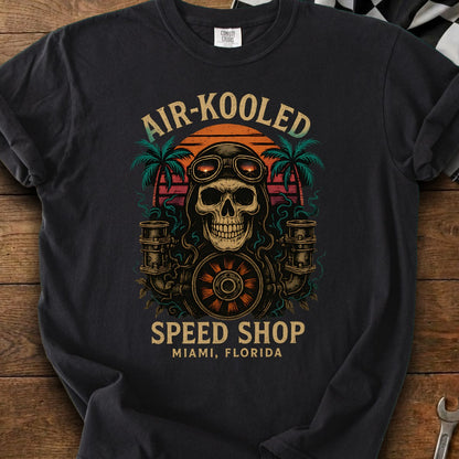 Skull with goggles and "Air-Kooled Speed Shop Miami, Florida" text.