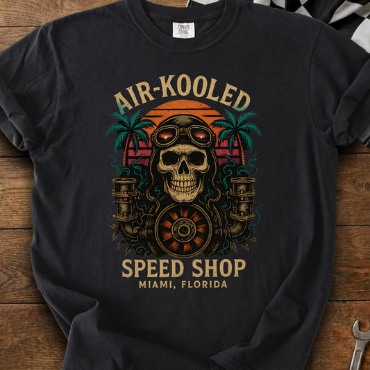 Skull with goggles and "Air-Kooled Speed Shop Miami, Florida" text.