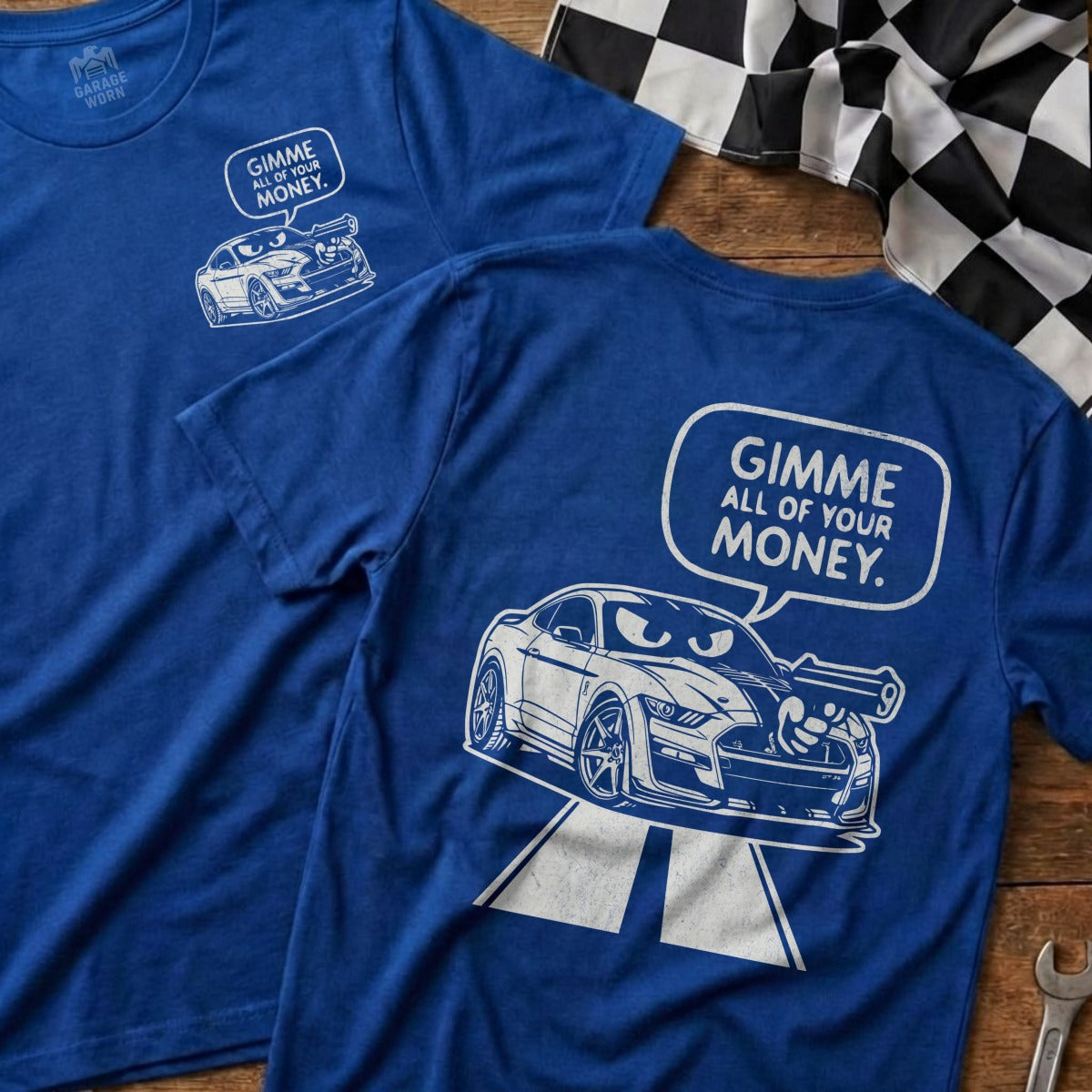 Gimme All Of Your Money Aggressive Car Graphic T-Shirt product type
Gimme Money Car, Aggressive Mustang, Funny Car Shirt, Automotive Humor, Car Enthusiast, Muscle Car Graphic, Graphic T-shirt, Unique Car Tee, Statement Apparel, Robber Car Design, Money Themed Shirt, Blue Graphic Tee, Cool Car Print, Gearhead Shirt, Garage Worn Brand, Cartoon Car Art, Mustang Apparel, Auto Lover Gift, Speedster Graphic, Humorous Car Tee