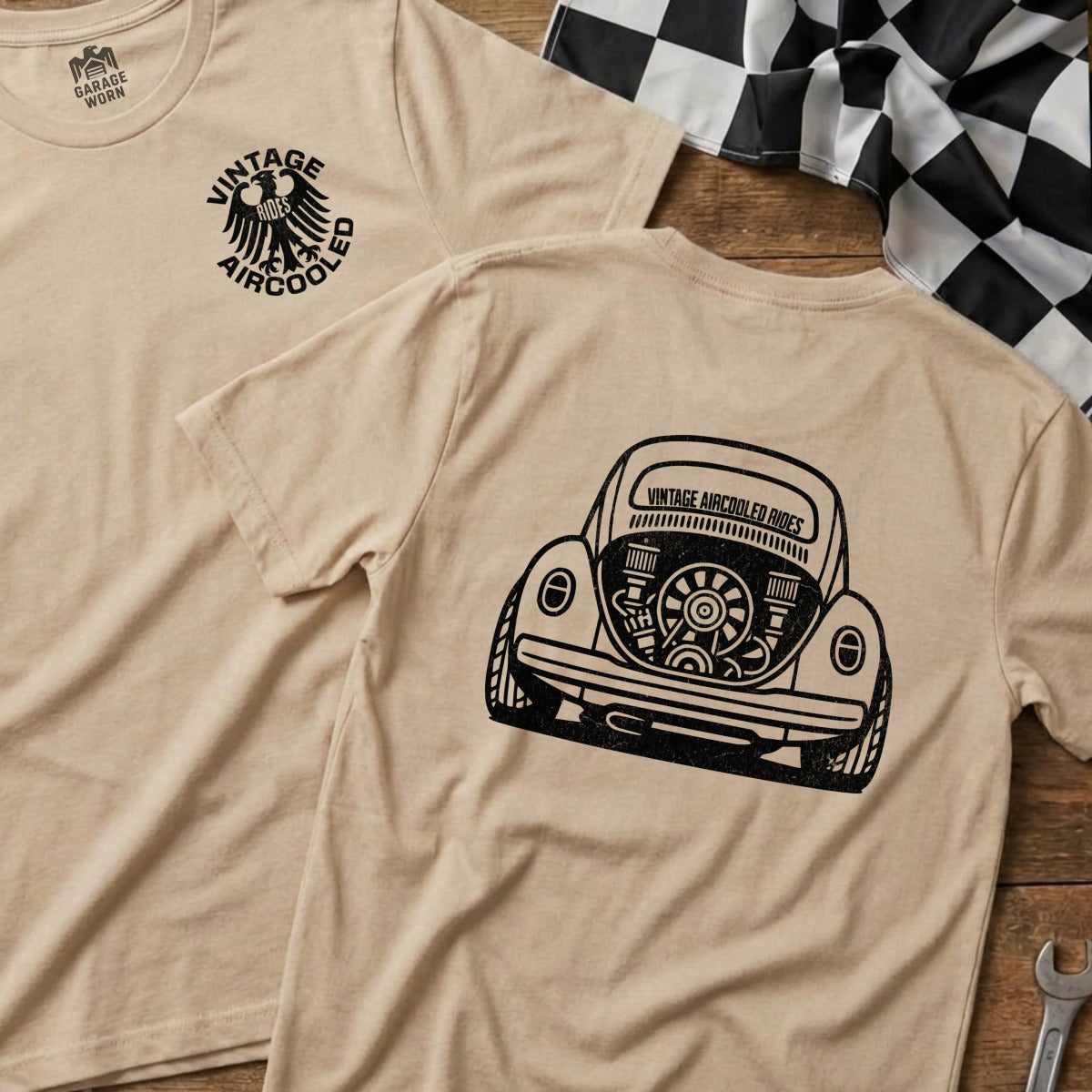 Tan t-shirt with black graphic of a Volkswagen Beetle's rear and "Vintage Aircooled Rides" text.