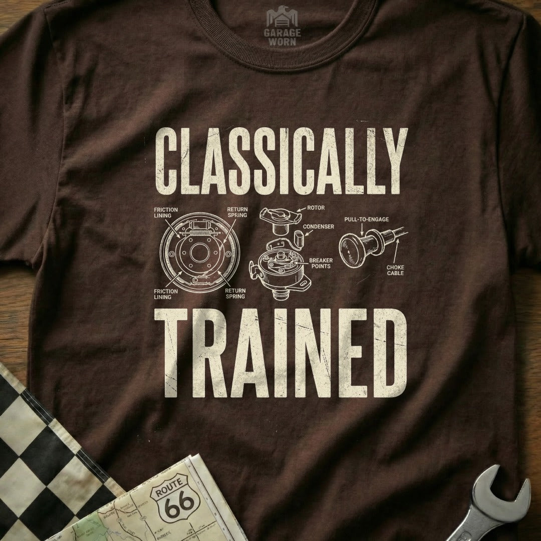 T-shirt with diagram of a carburetor and "CLASSICALLY TRAINED" text.