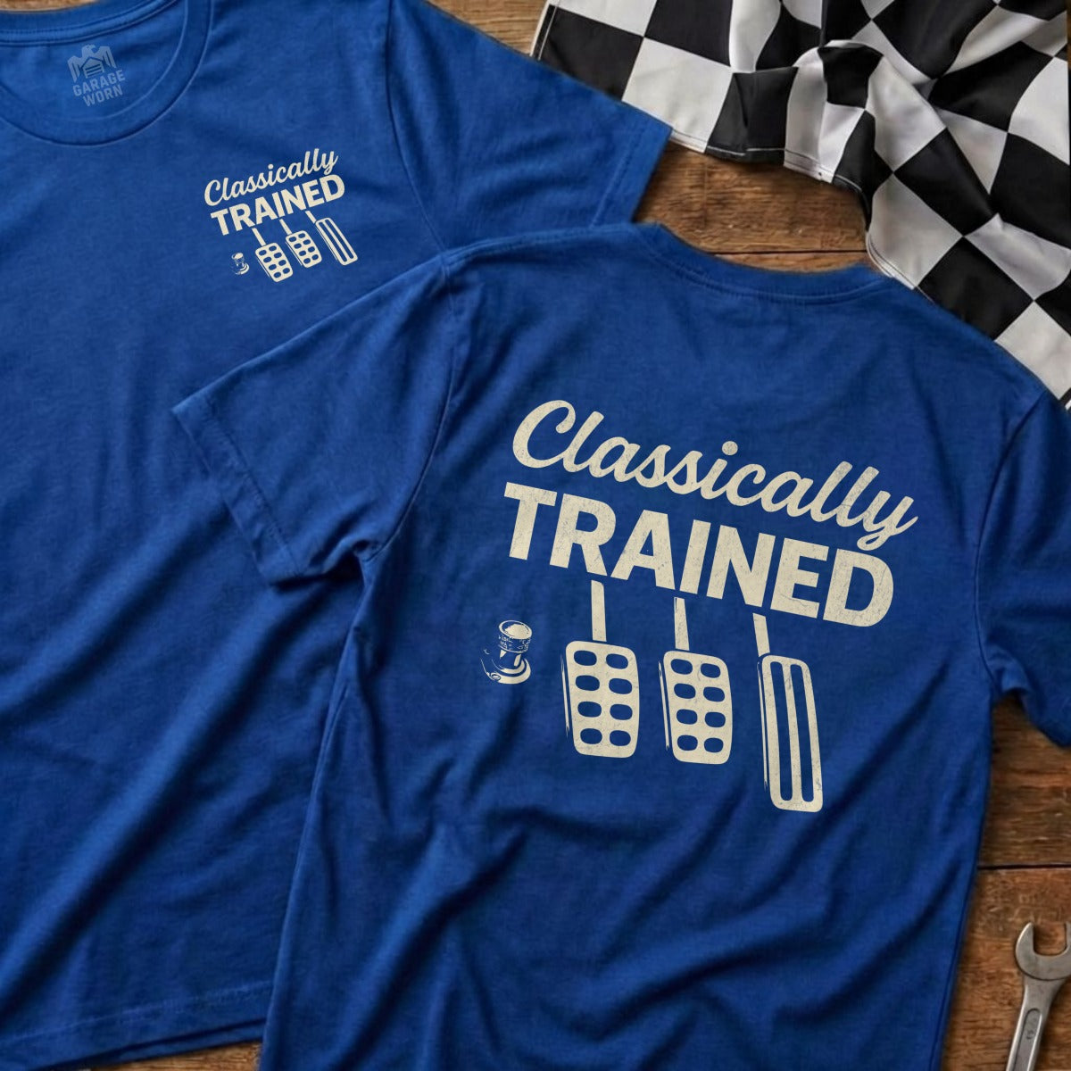 Two blue t-shirts with "Classically TRAINED" and pedal graphics.