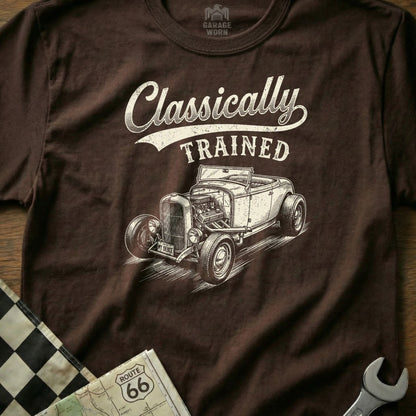 Brown t-shirt with classic hot rod and "Classically Trained" text.