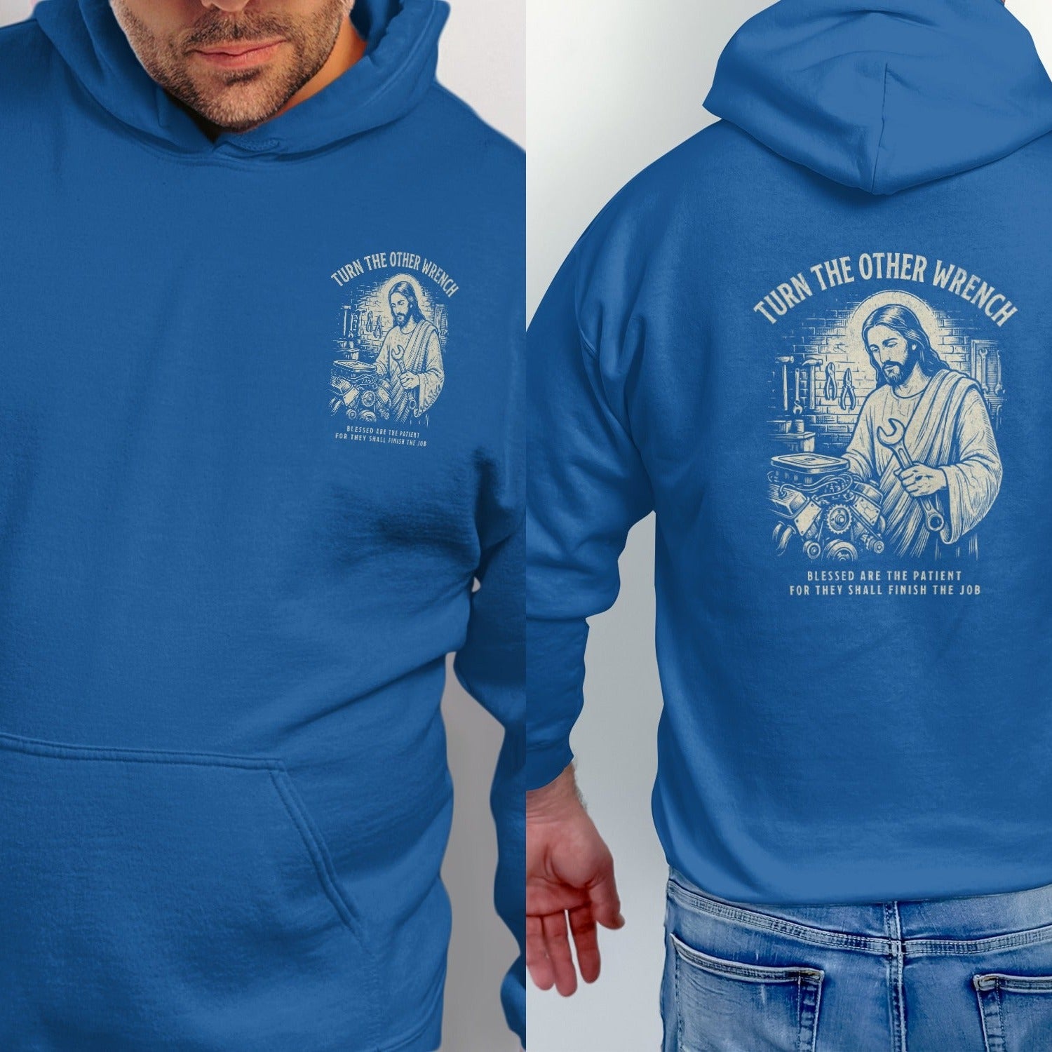 Jesus with wrench on blue hoodie, text: Turn the Other Wrench.
