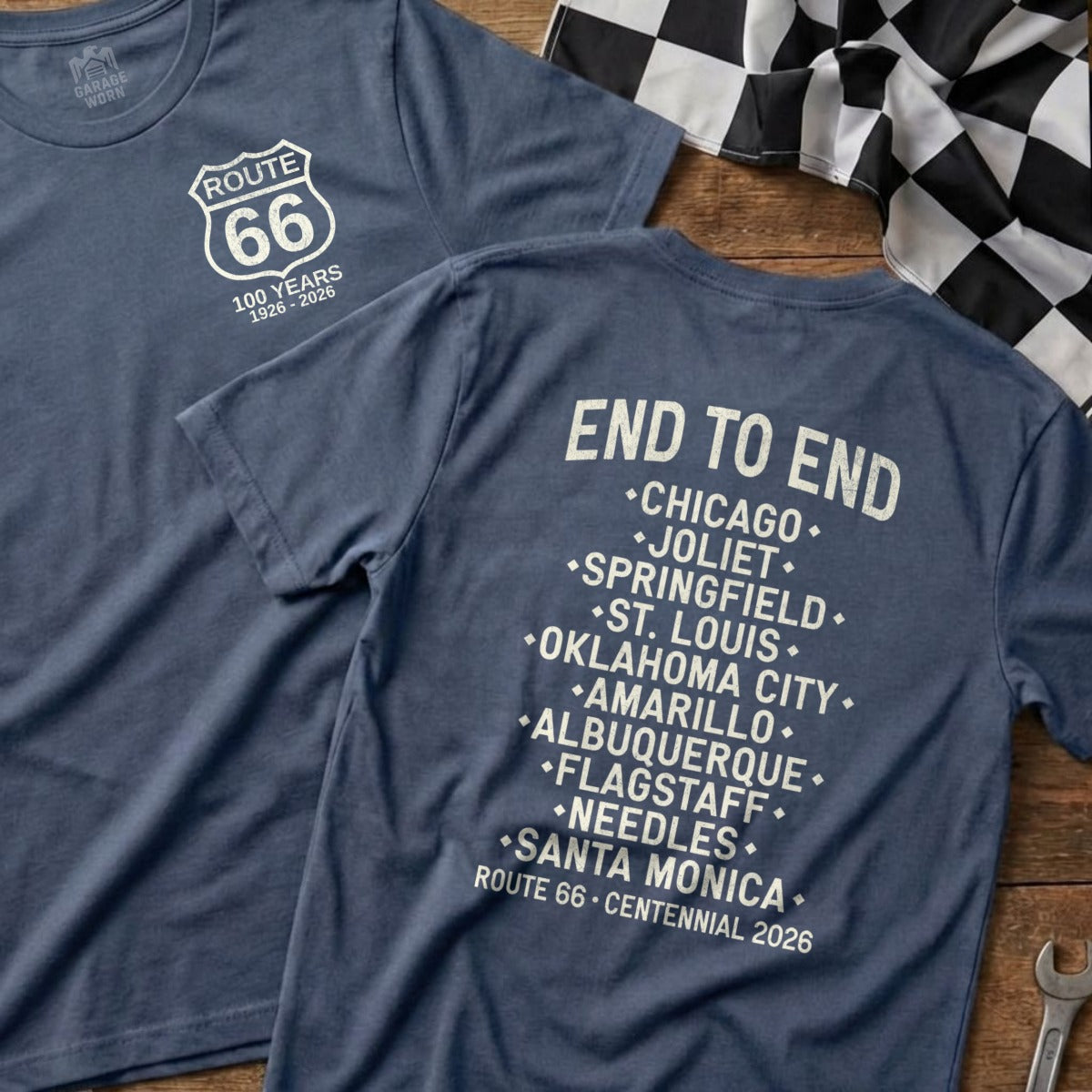 Route 66 Centennial 1926-2026 "End to End" shirt listing cities.