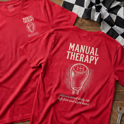 Red t-shirts with "MANUAL THERAPY" text and a gear shift graphic.