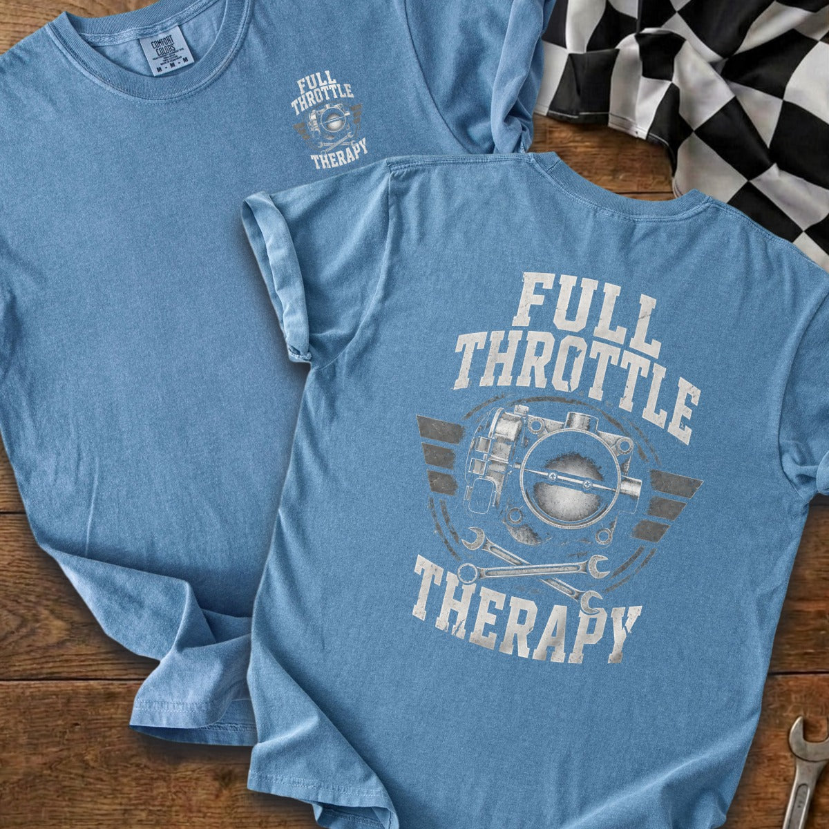 Light blue t-shirt with "FULL THROTTLE THERAPY" graphic featuring a throttle body and wrenches.