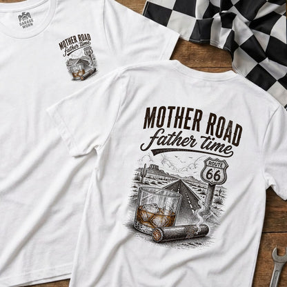 White t-shirt with "Mother Road father time" design, Route 66 sign, whiskey, and cigar.