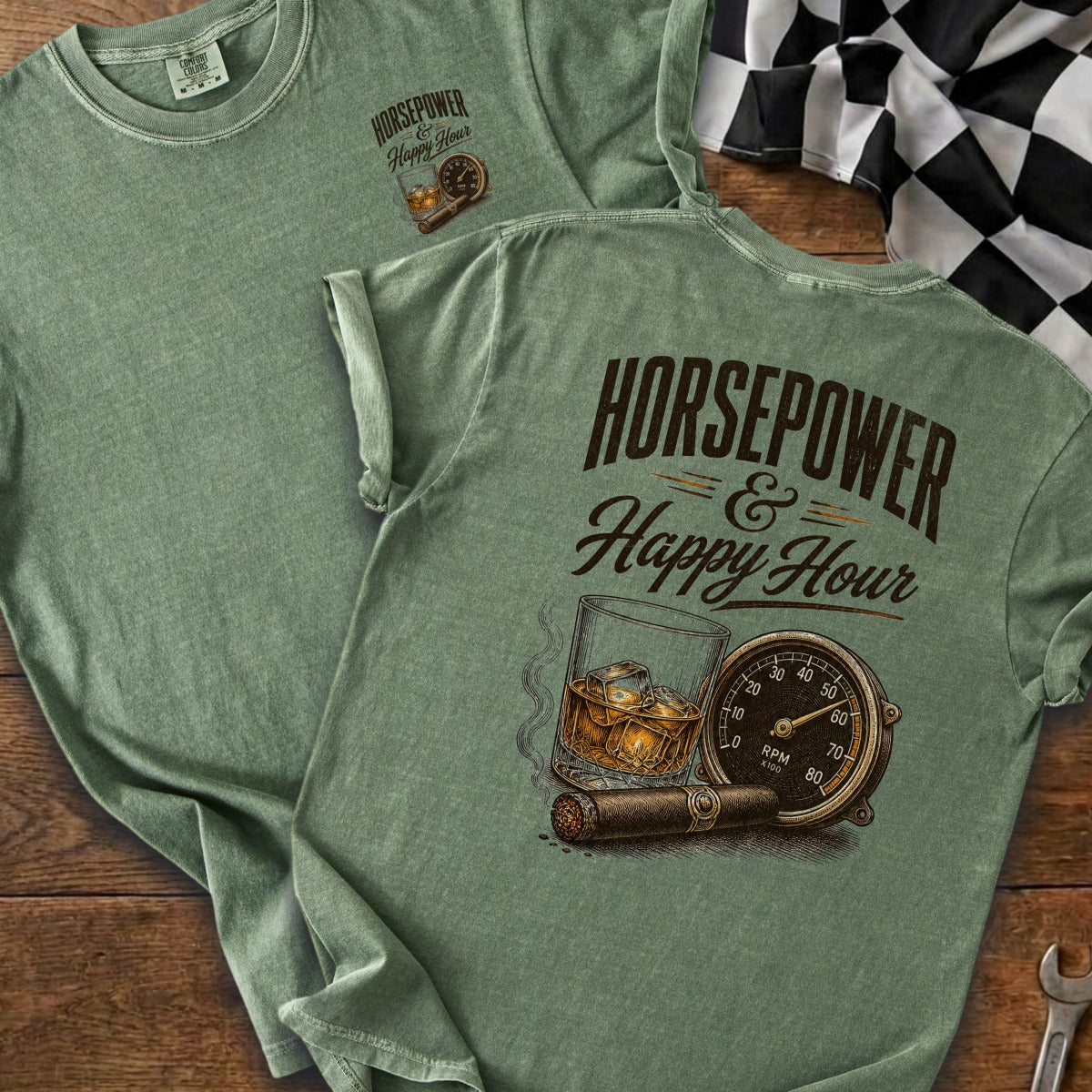 Green t-shirt with "Horsepower & Happy Hour" graphic featuring a cigar, whiskey, and RPM gauge.