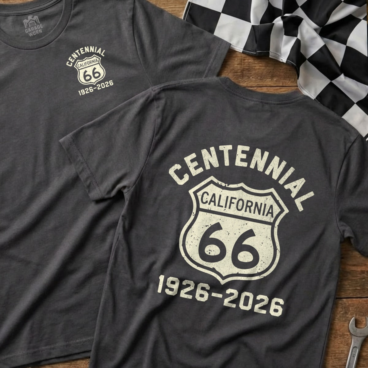 Two dark gray t-shirts with Route 66 California 1926-2026 graphic.