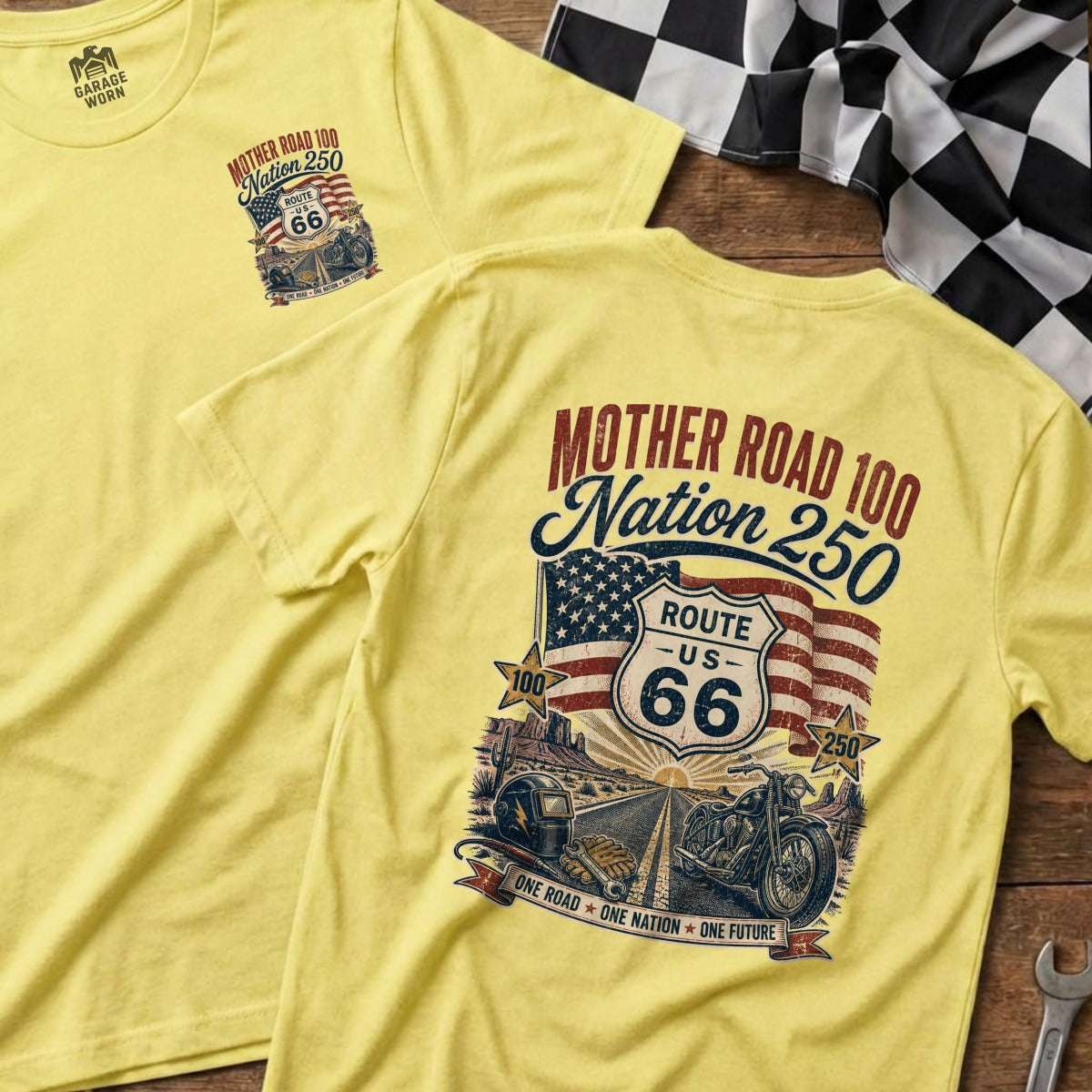 Yellow t-shirt featuring "Mother Road 100 Nation 250" graphic with Route 66 shield and motorcycle.