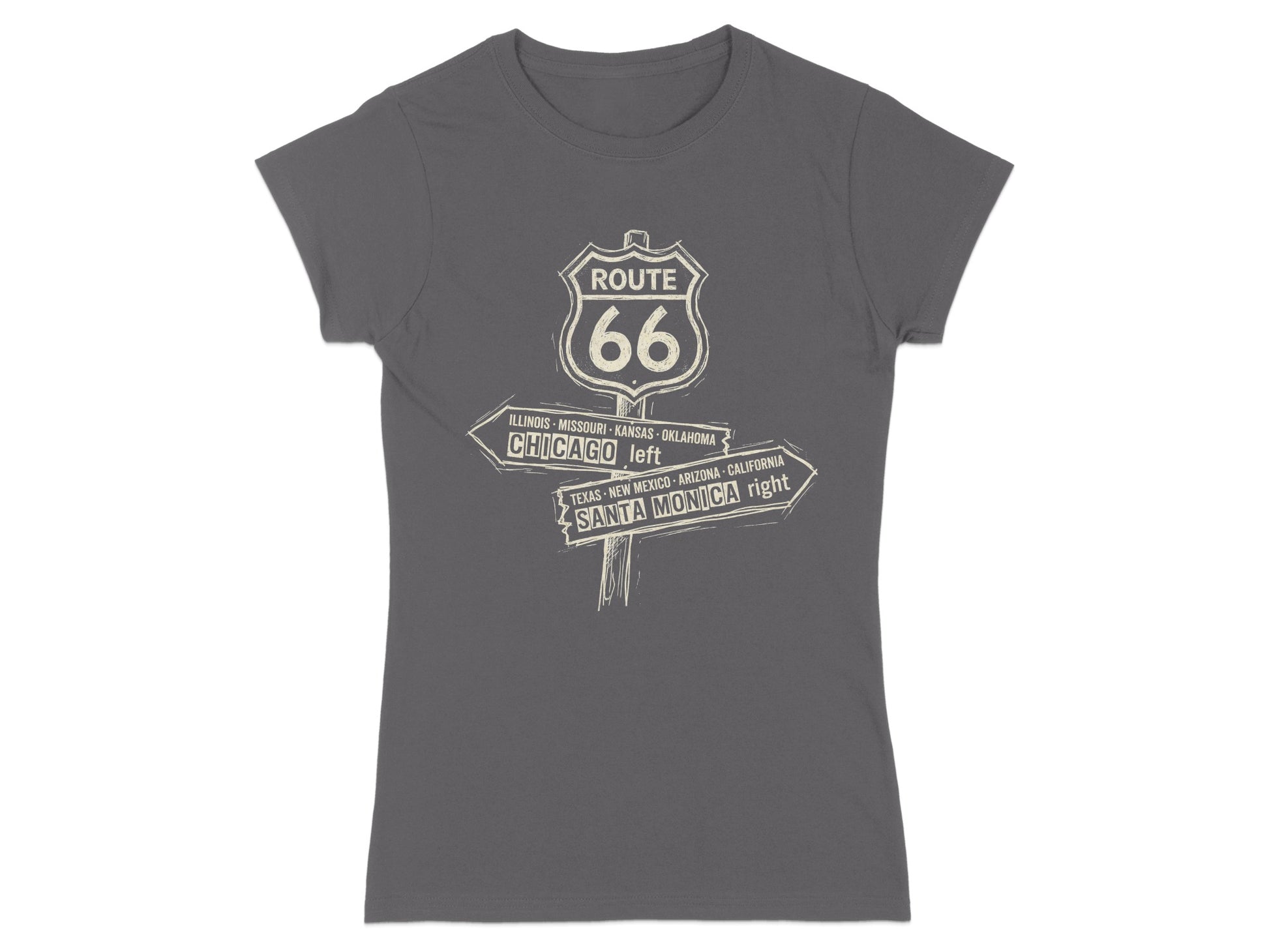 Gray t-shirt with Route 66 signpost showing directions to Chicago and Santa Monica.