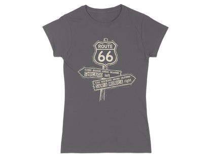Gray t-shirt with Route 66 signpost showing directions to Chicago and Santa Monica.
