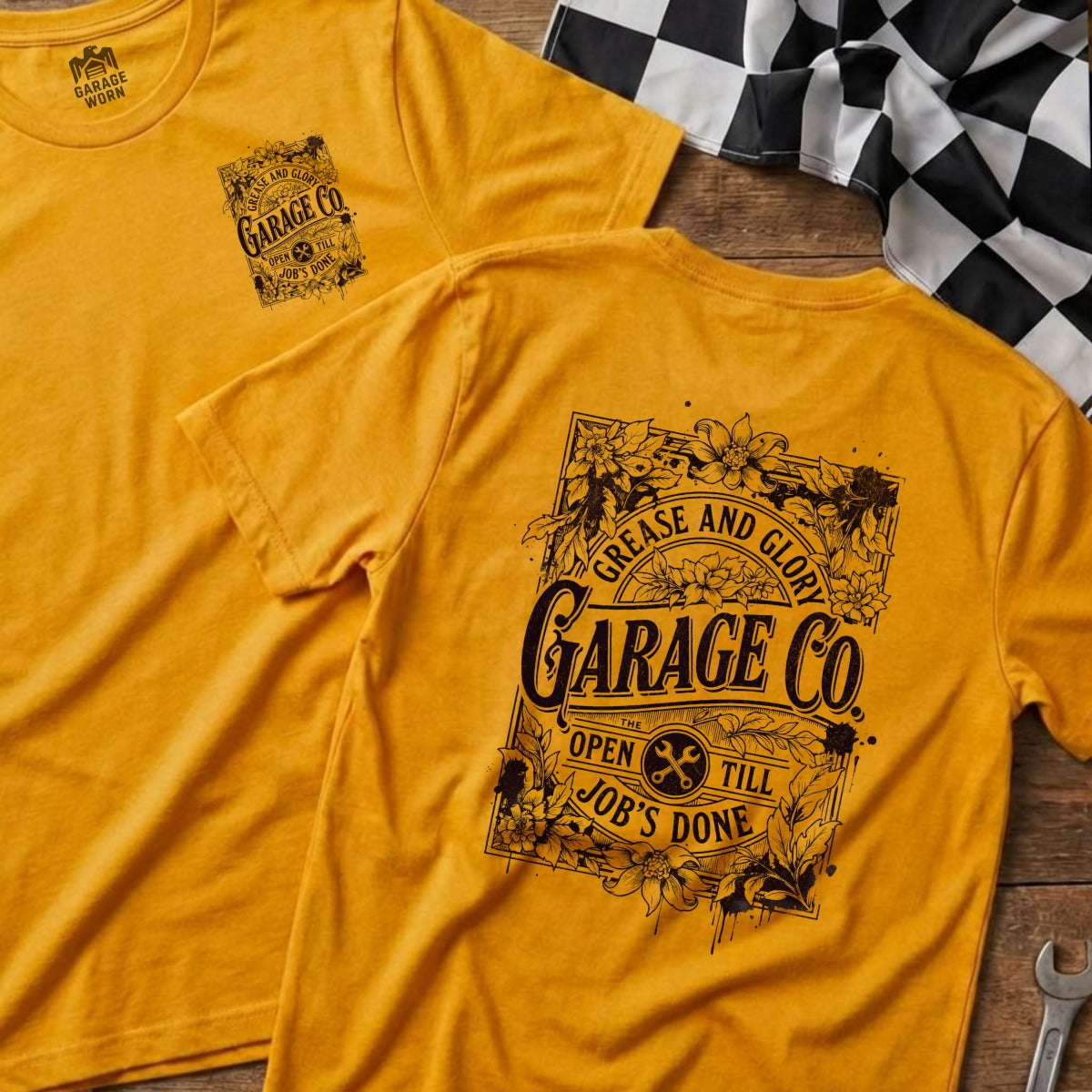 Yellow t-shirts with "Grease and Glory Garage Co." logo and slogan.