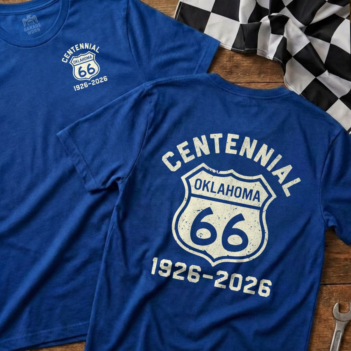 Blue t-shirt with "Centennial Oklahoma 66 1926-2026" text.
