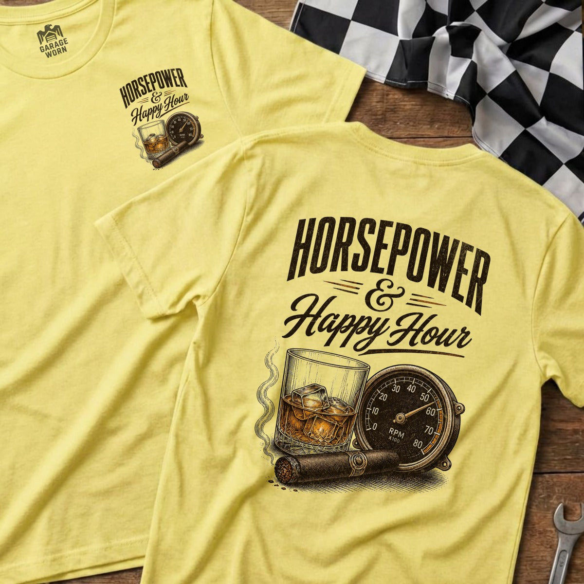 Yellow t-shirt with graphic of "HORSEPOWER & Happy Hour", whiskey, cigar, and gauge.