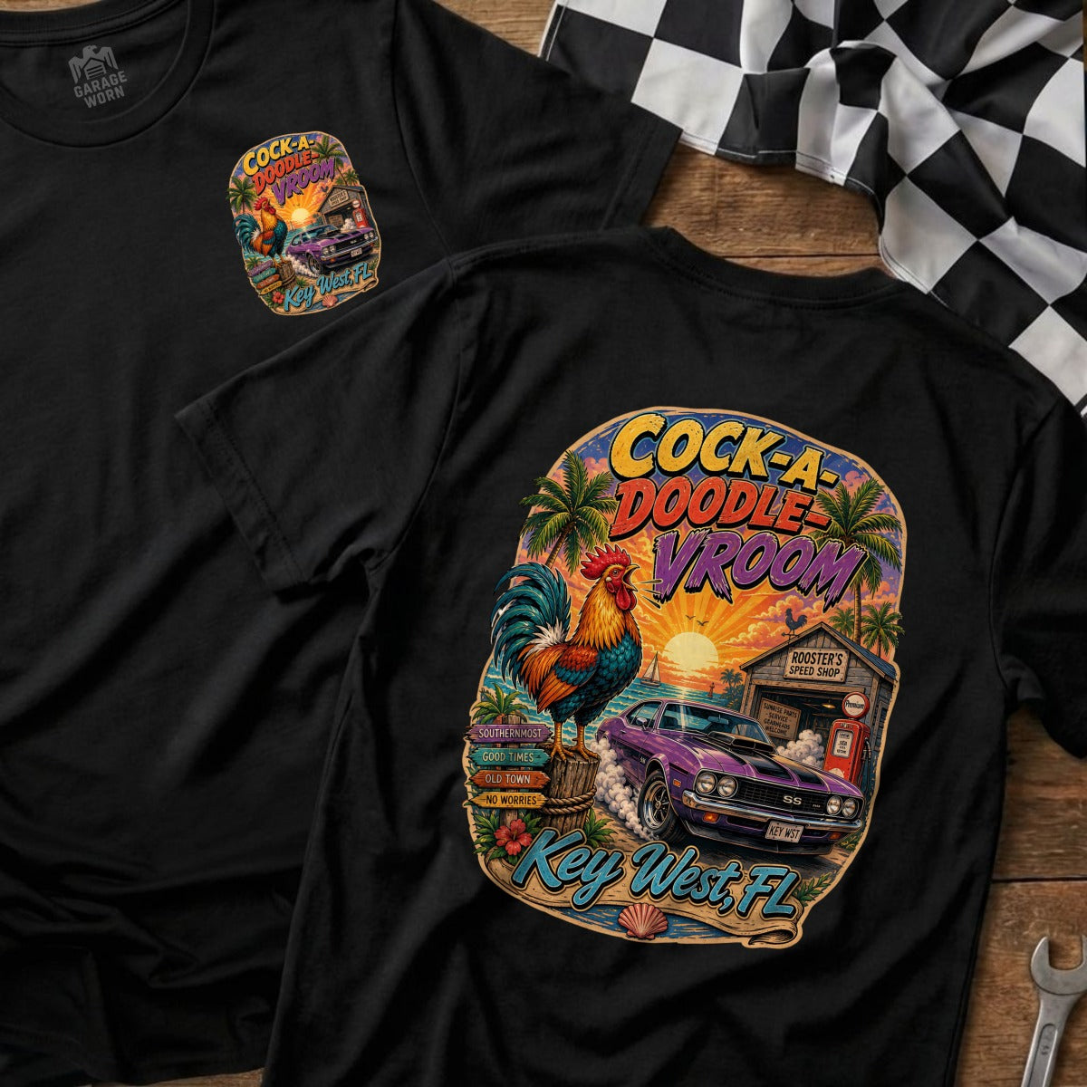Black t-shirt with "Cock-A-Doodle Vroom" graphic featuring a rooster and purple car.