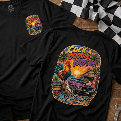 Black t-shirt with "Cock-A-Doodle Vroom" graphic featuring a rooster and purple car.