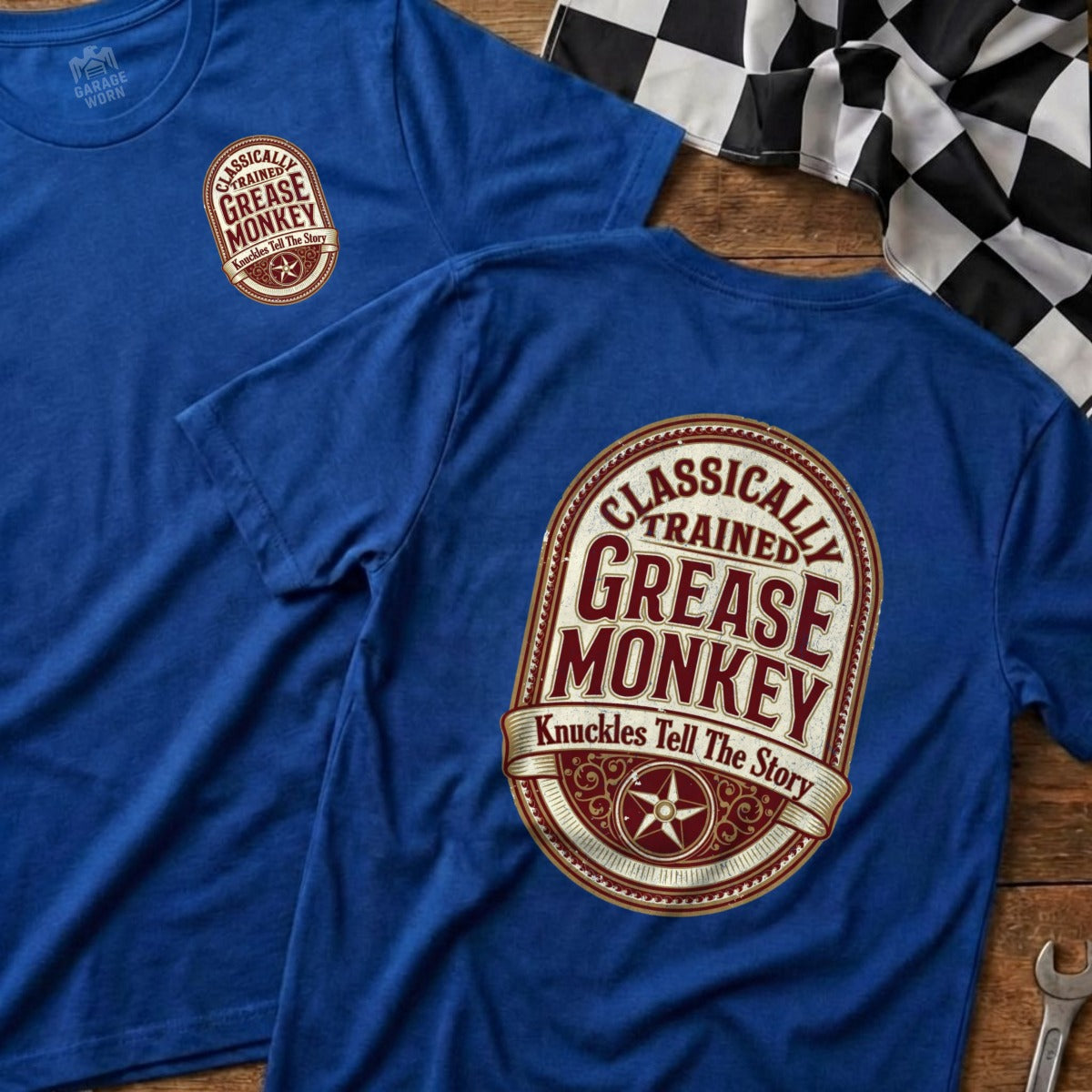 Blue t-shirts with "Grease Monkey" design and "Knuckles Tell The Story" text.