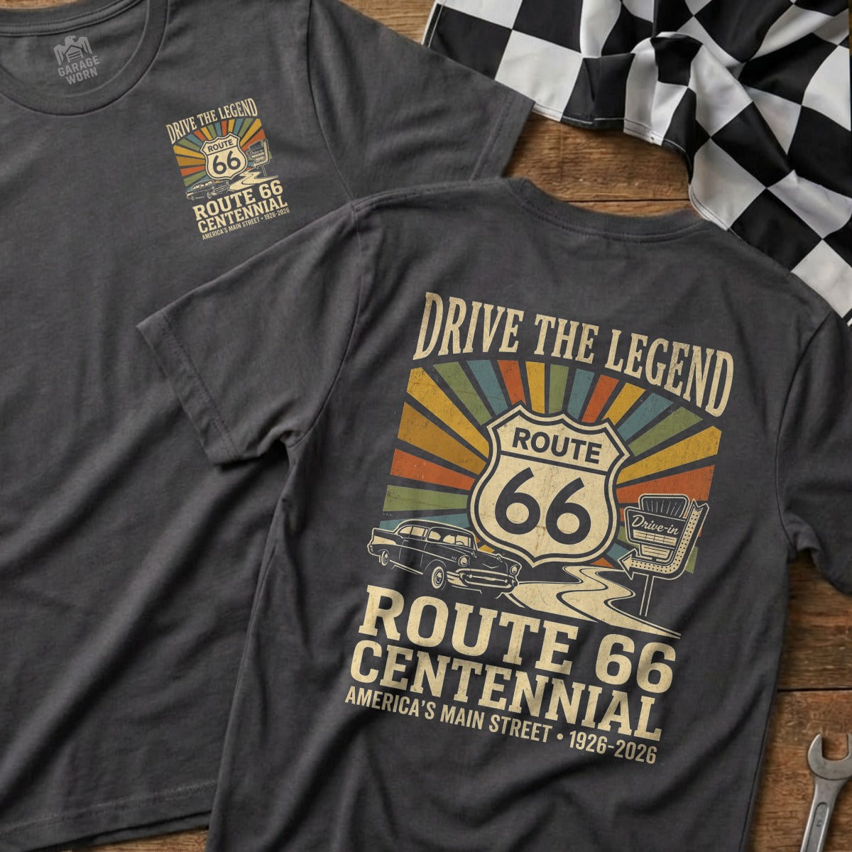 Dark grey t-shirt with Route 66 Centennial graphics and vintage car.
