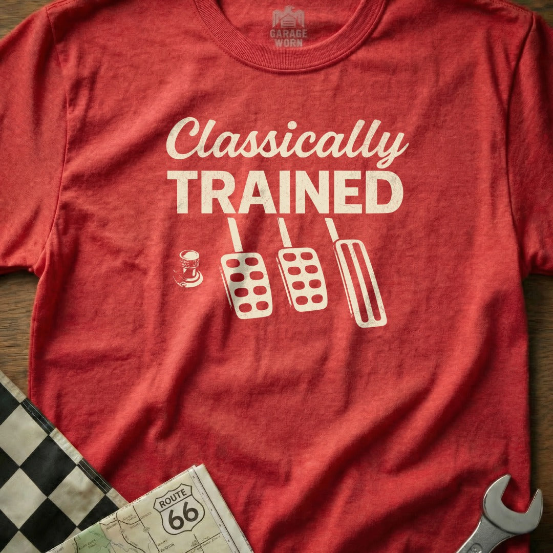 Red t-shirt with "Classically Trained" and car pedals graphic.