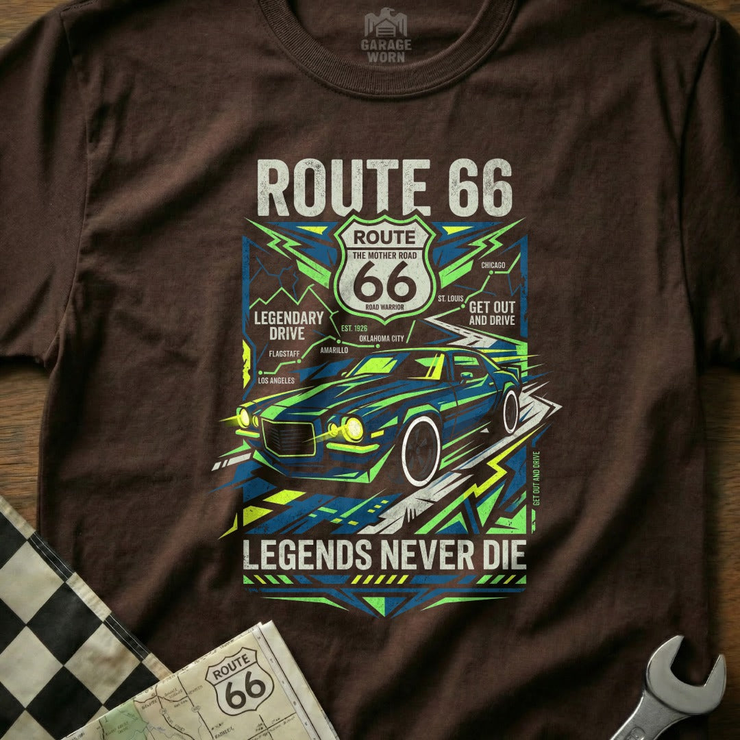 Brown t-shirt with Route 66 graphics featuring a classic car and text.