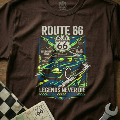 Brown t-shirt with Route 66 graphics featuring a classic car and text.