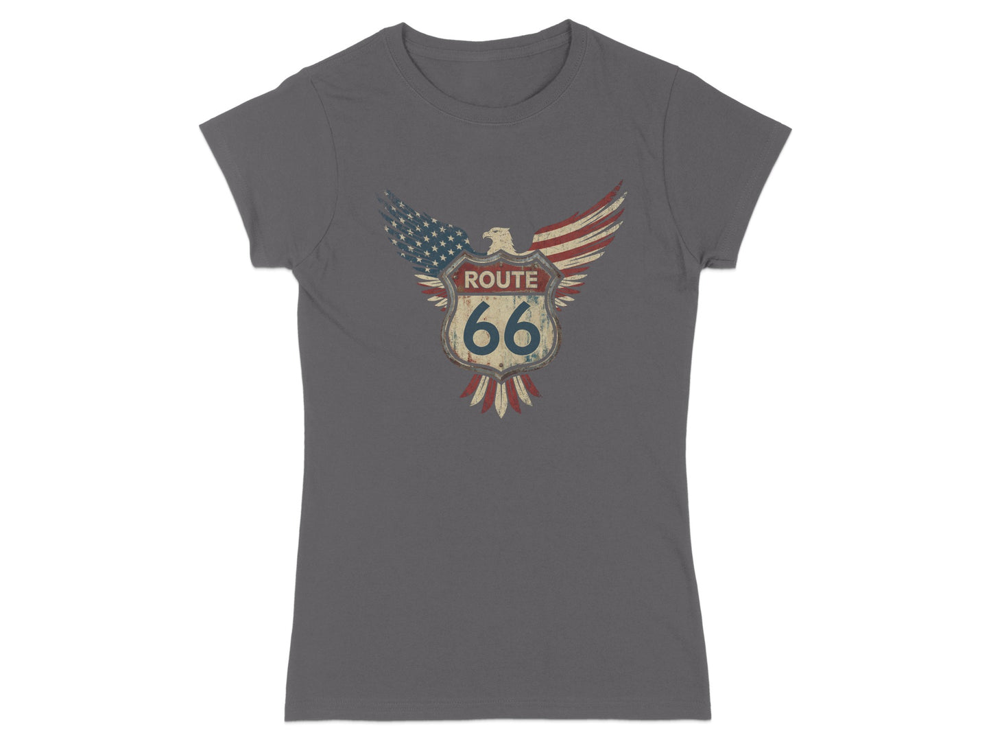 Distressed Route 66 shield with eagle wings, stars, and stripes.