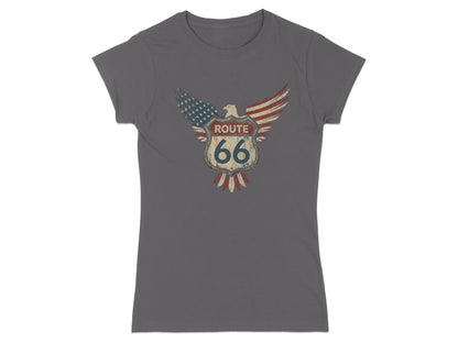 Distressed Route 66 shield with eagle wings, stars, and stripes.
