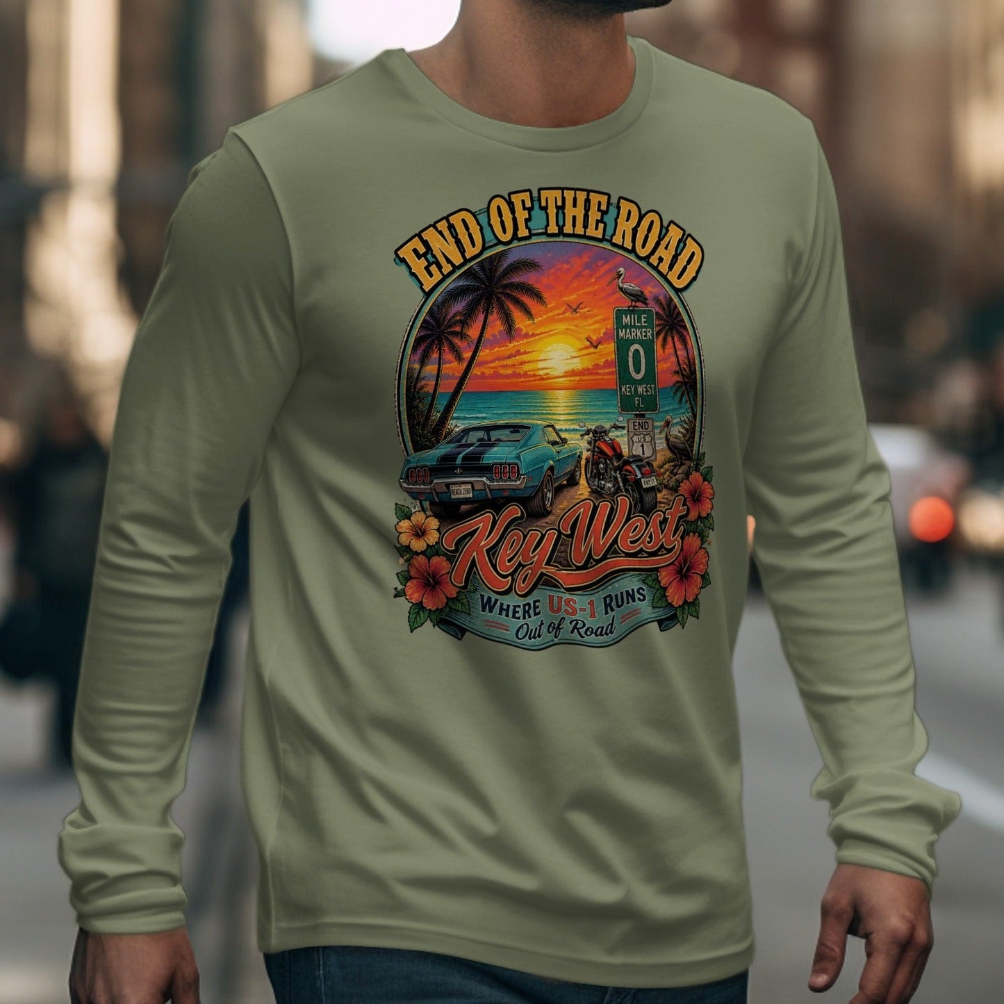 Key West long sleeve shirt with sunset, car, motorcycle, and "End of the Road" graphic.