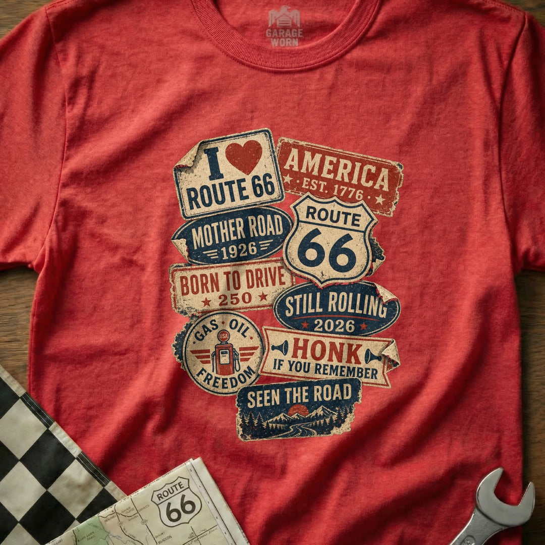Red t-shirt featuring "Route 66" and "Mother Road" vintage signs.