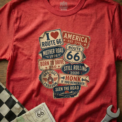 Red t-shirt featuring "Route 66" and "Mother Road" vintage signs.