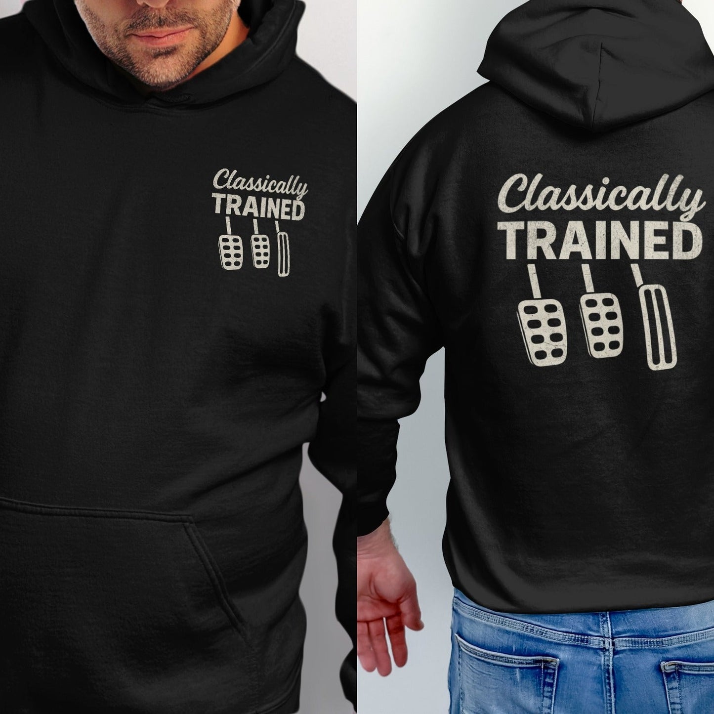 Black hoodie with "Classically Trained" text and three pedal icons on the back.