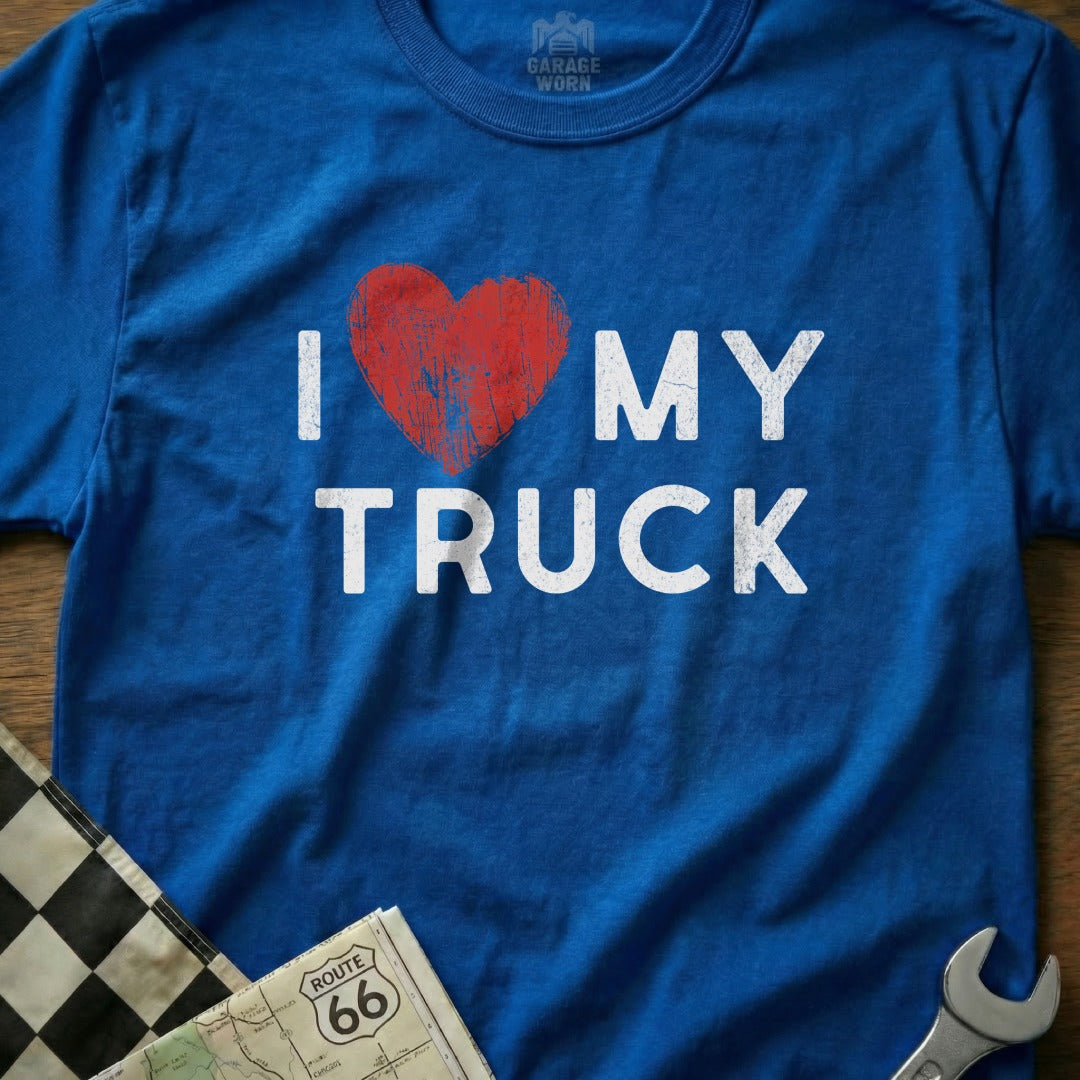 I Love My Truck Heart Graphic Blue Tee Shirt