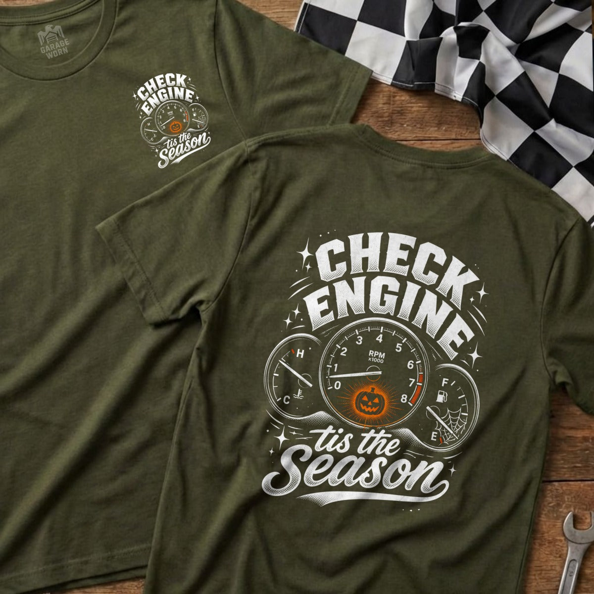 Green t-shirt with "Check Engine 'tis the Season" graphic featuring gauges and a pumpkin.