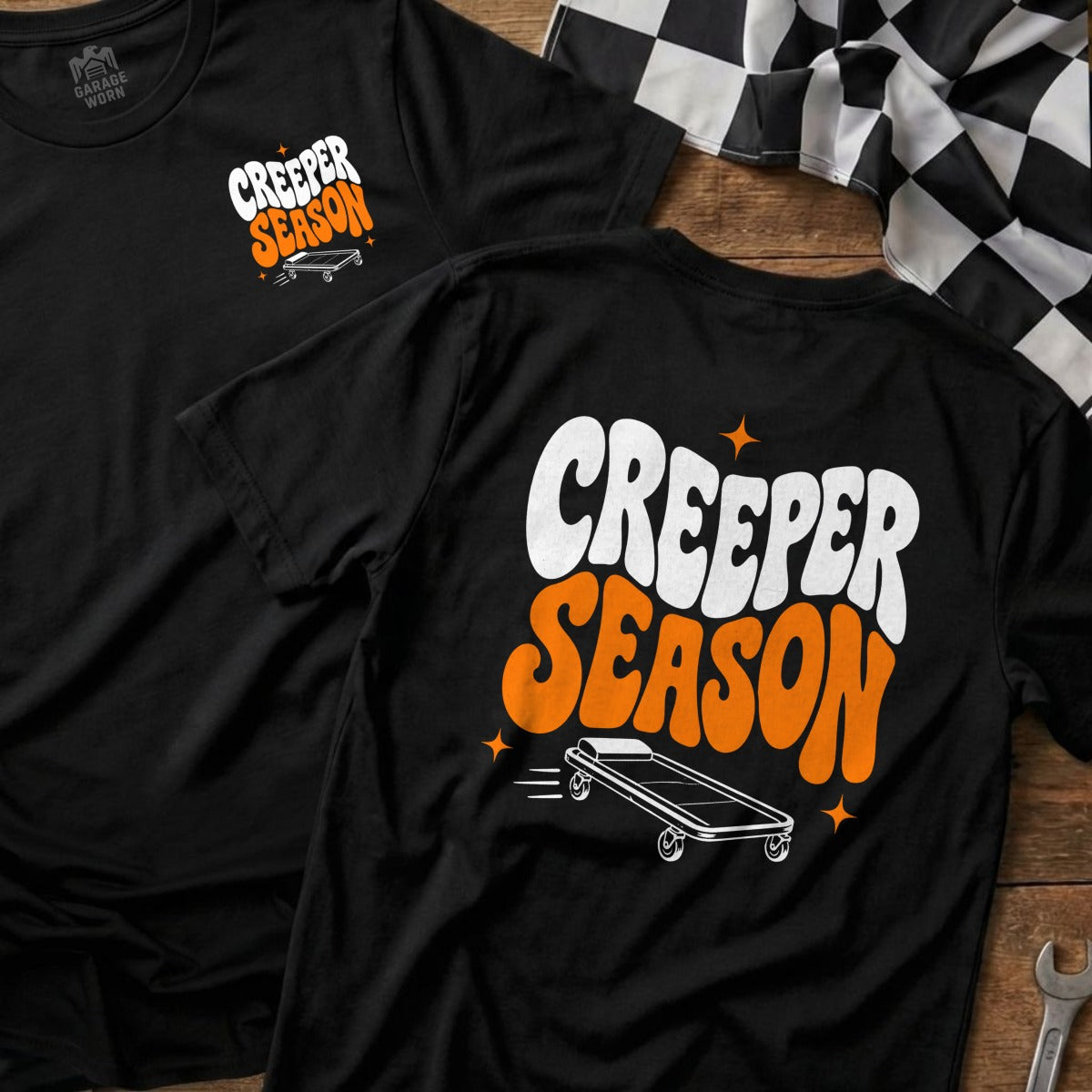 Black t-shirt with "CREEPER SEASON" text and graphic of a creeper.