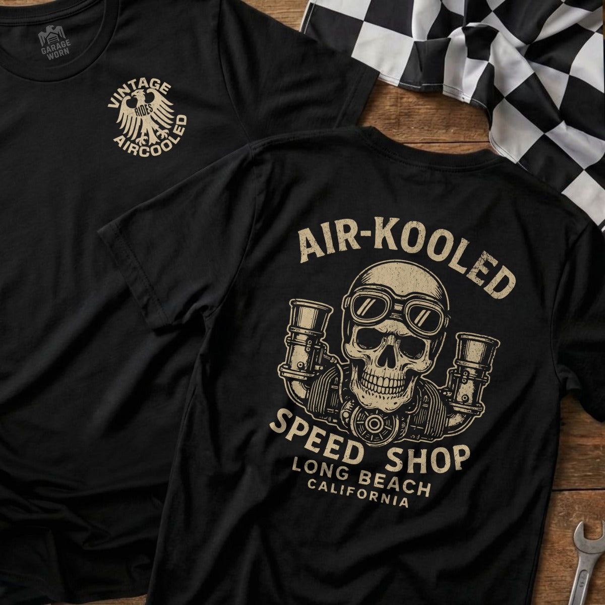 Black t-shirt with "Air-Cooled Speed Shop" skull graphic and checkered flag.