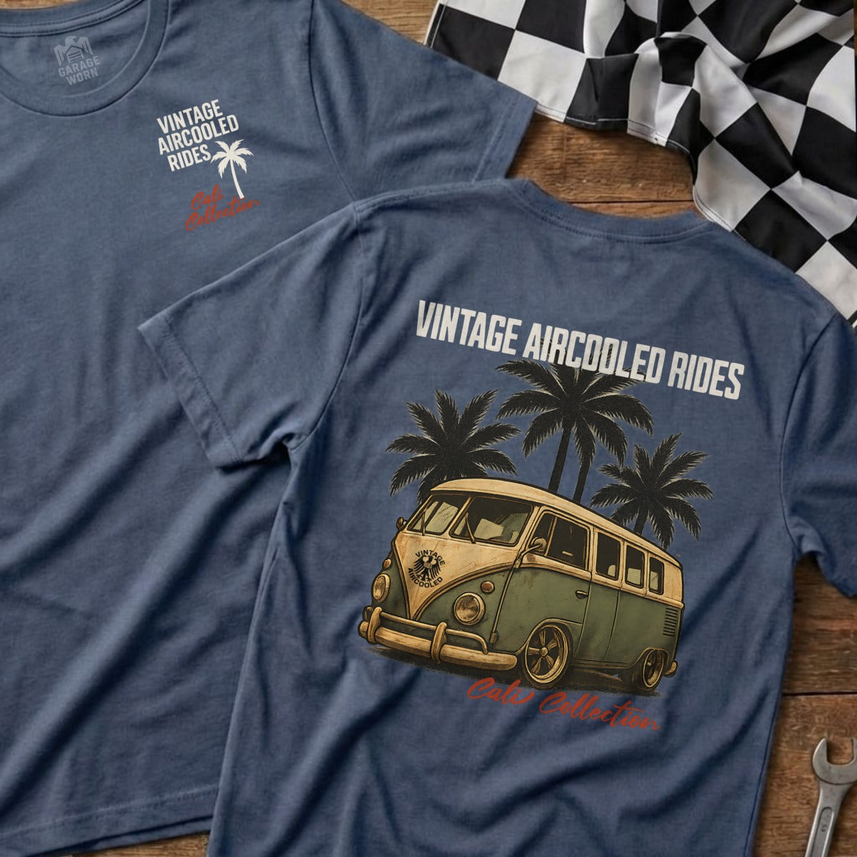 Two t-shirts with "VINTAGE AIRCOOLED RIDES" and a palm tree graphic.