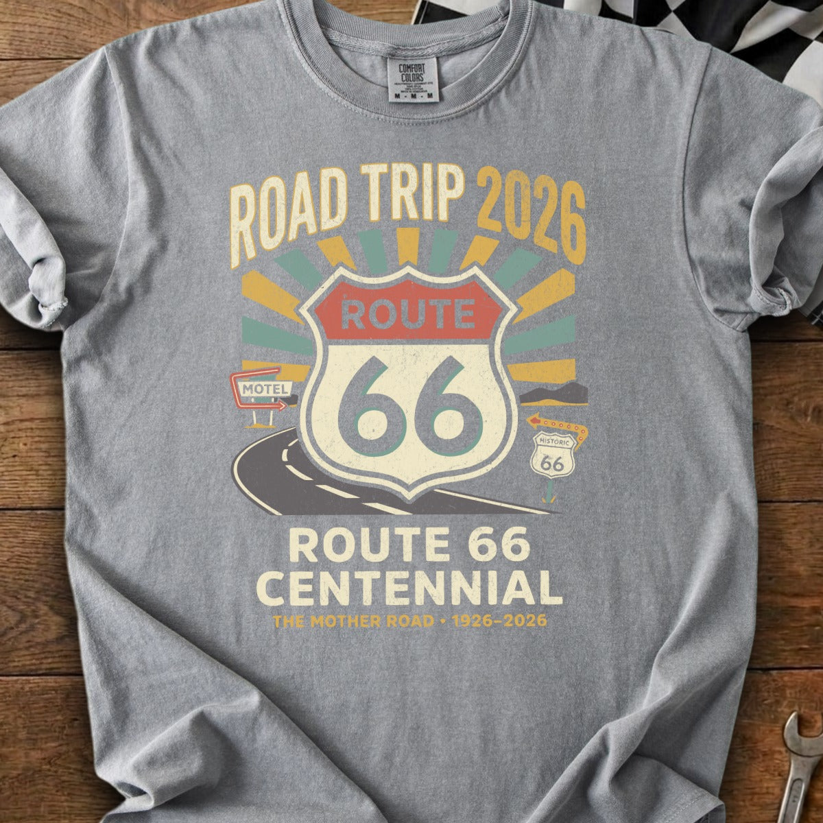 Gray t-shirt with "Road Trip 2026 Route 66 Centennial" graphic and "The Mother Road 1926-2026".