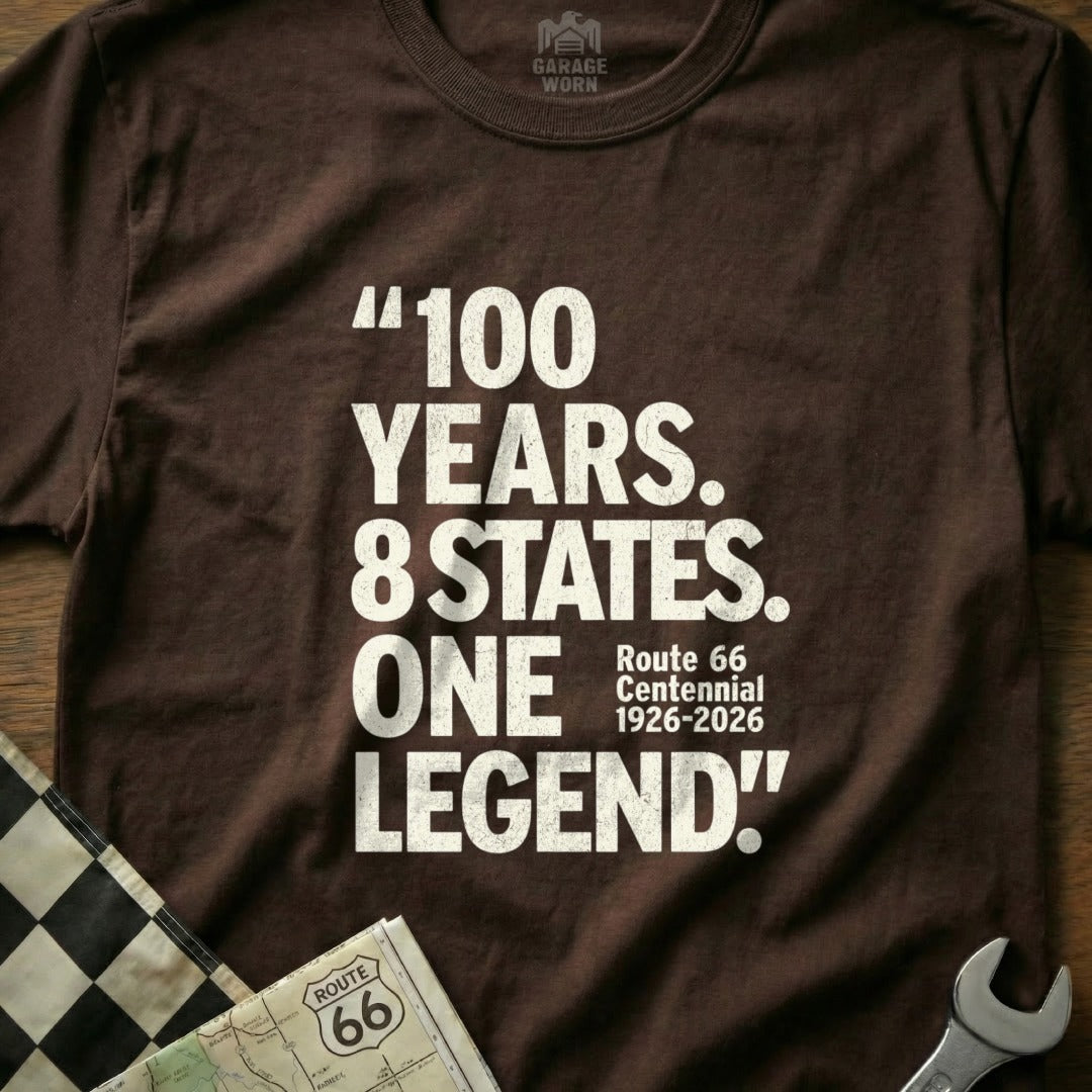Brown t-shirt with "100 YEARS. 8 STATES. ONE LEGEND!" Route 66 text.