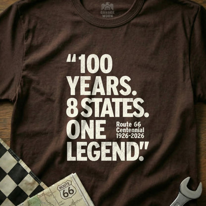 Brown t-shirt with "100 YEARS. 8 STATES. ONE LEGEND!" Route 66 text.