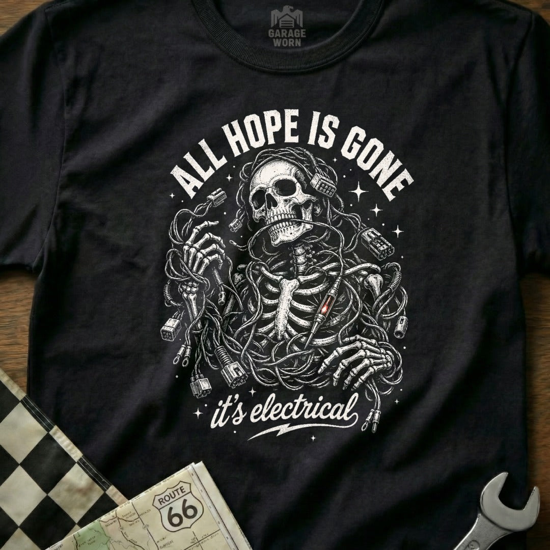 Black t-shirt with skeleton entangled in electrical wires, saying "All Hope Is Gone, It's Electrical".