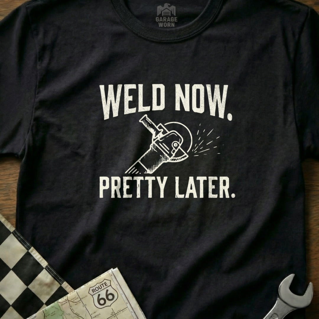 Black t-shirt with "WELD NOW, PRETTY LATER." and a grinder graphic.