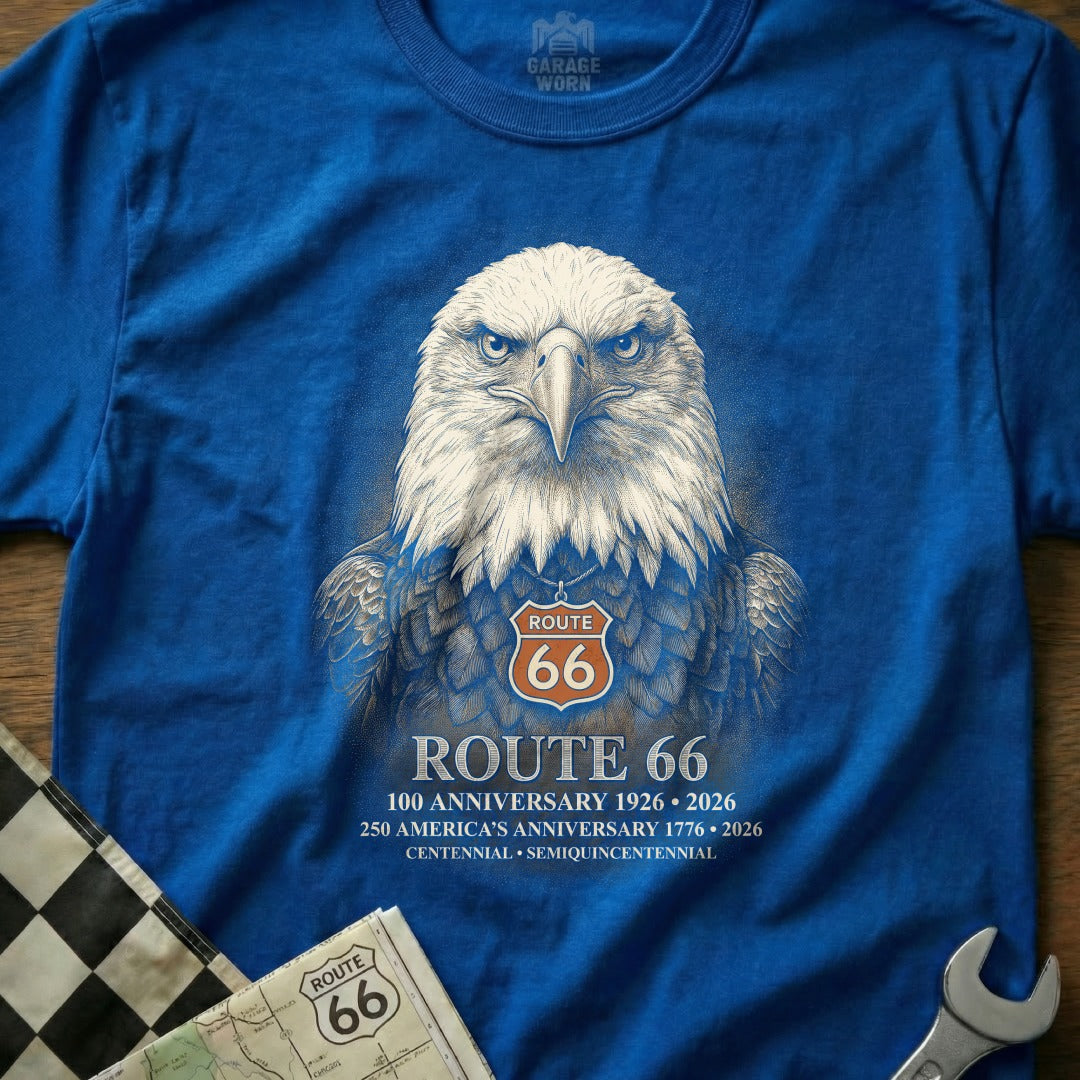 Blue t-shirt with a detailed eagle graphic and Route 66 100th anniversary text.