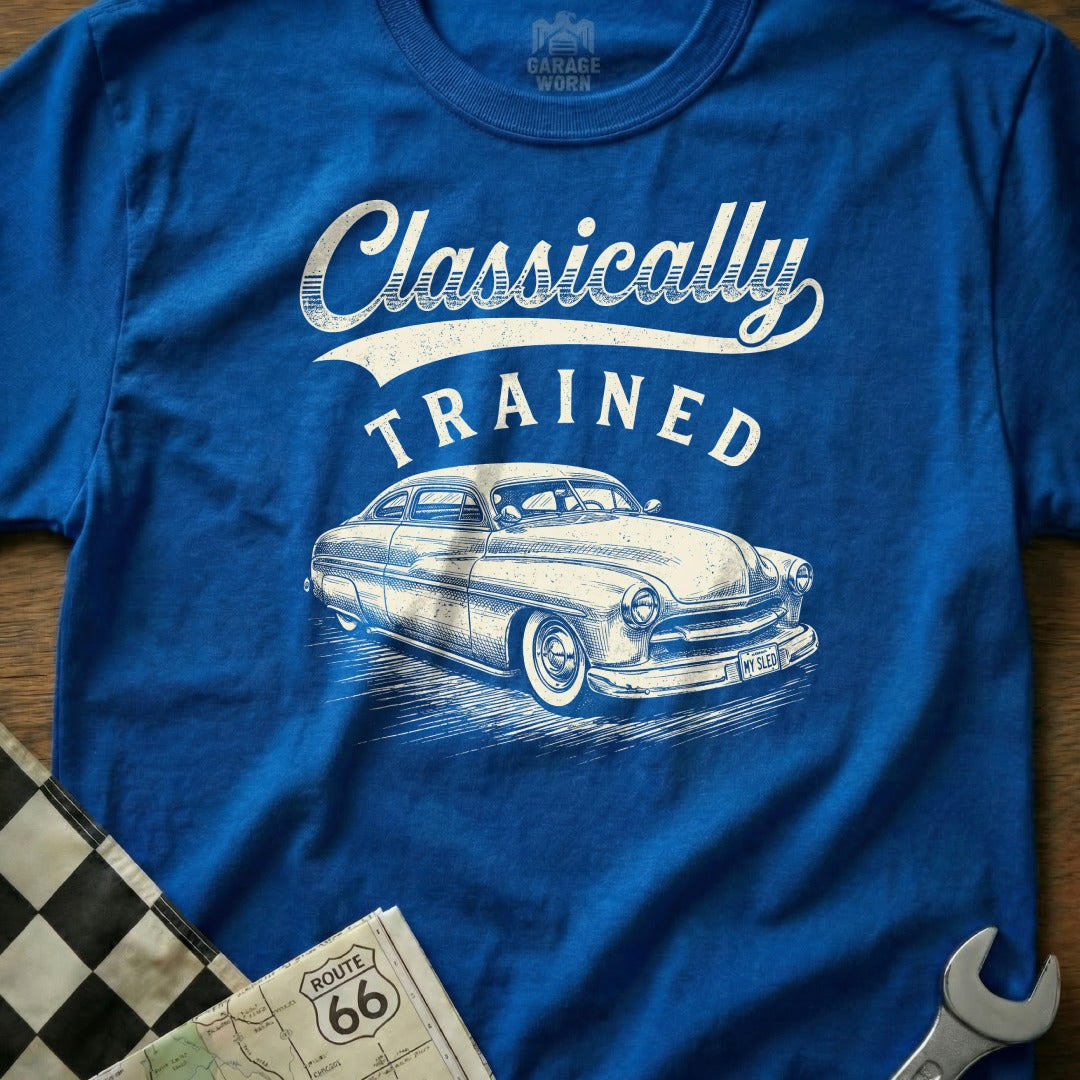 Blue t-shirt with "Classically TRAINED" text and a classic car graphic.