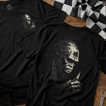 Black t-shirt with gorilla holding spark plug graphic on back.