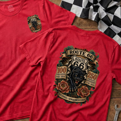 Red t-shirt with a Route 66 graphic featuring a black panther and commemorative text.