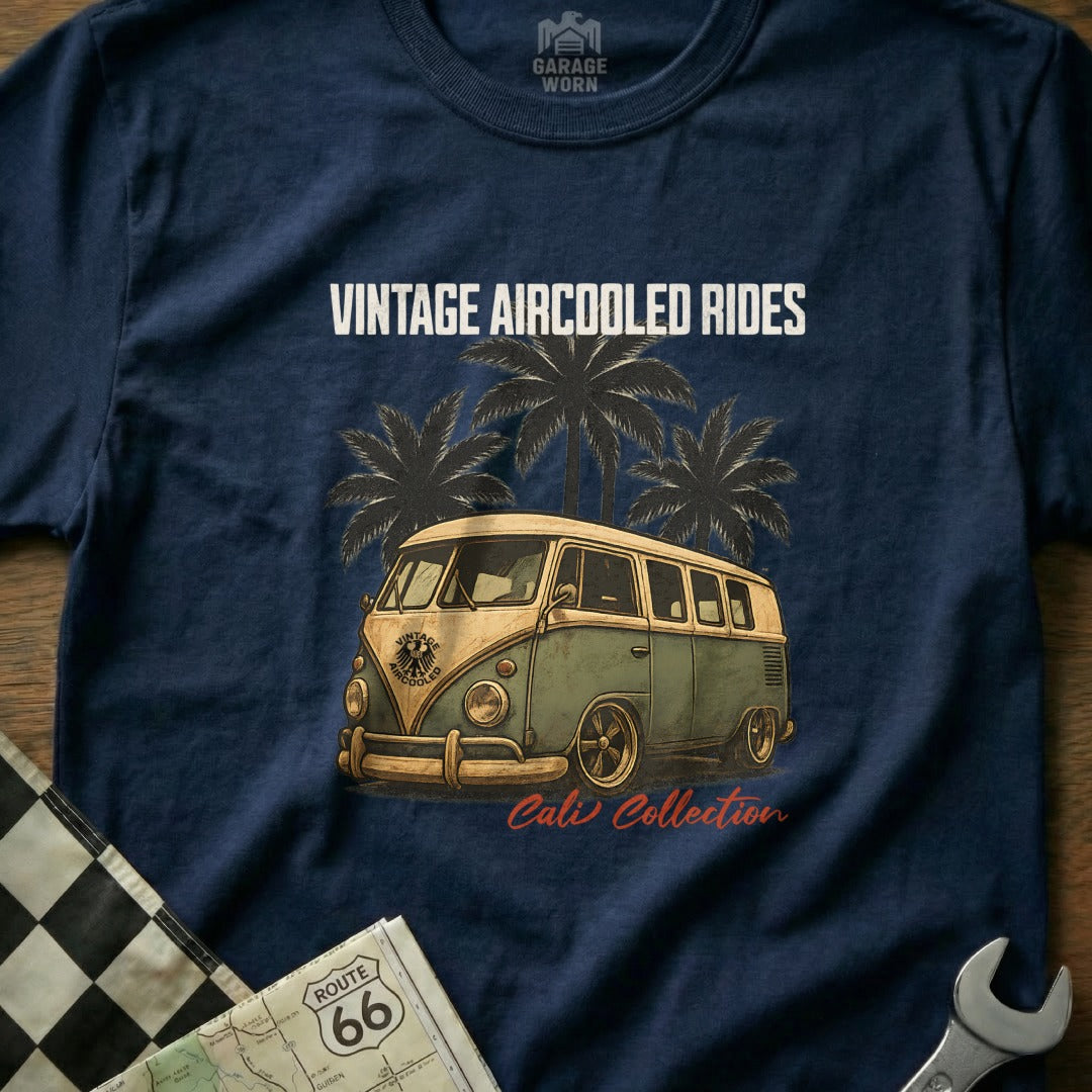 Navy t-shirt with "VINTAGE AIRCOOLED RIDES Cali Collection" and a classic VW van.