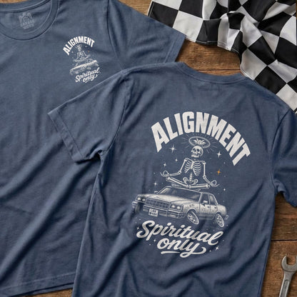 Dark blue t-shirt with skeleton meditating on a car, text "Alignment Spiritual Only".