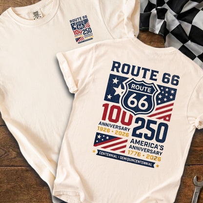 Cream t-shirt with Route 66 logo, 100th and 250th anniversary graphics.